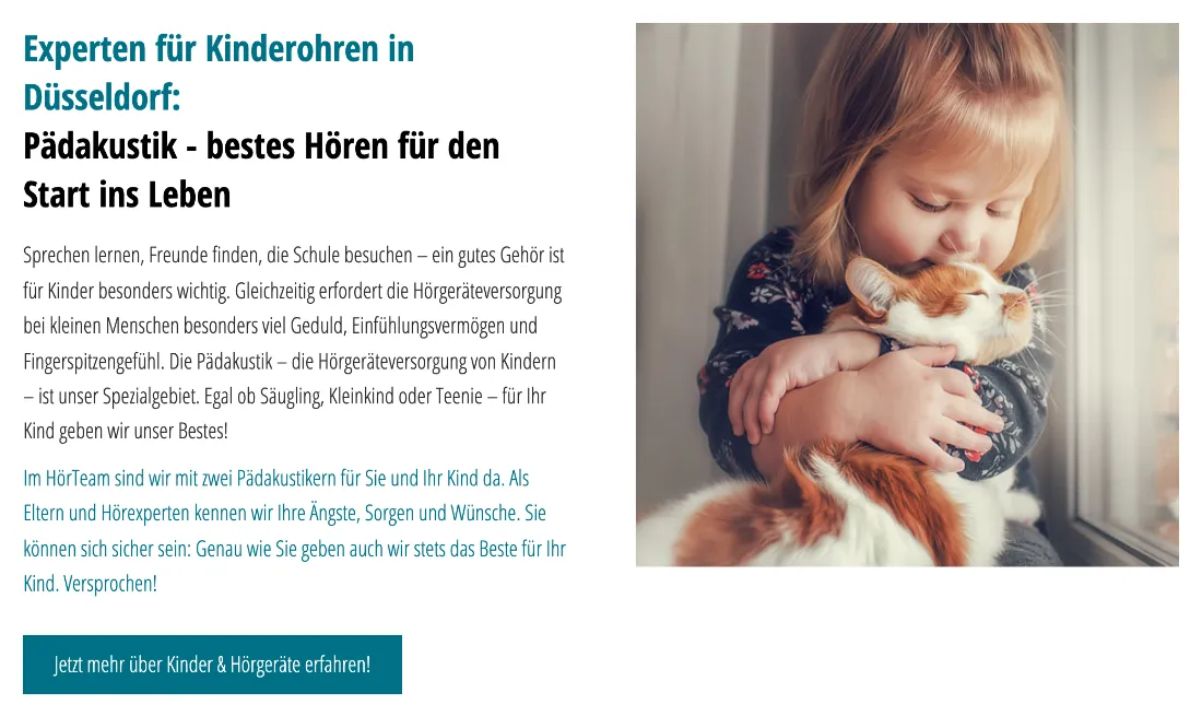 Ausschnitt der Website von HörTeam, Düsseldorf: Kinderversorgung als eigenes Thema mit Gründen erklärt — wer sucht, erkennt Spezialisierung und liest von zwei Pädakustikern.