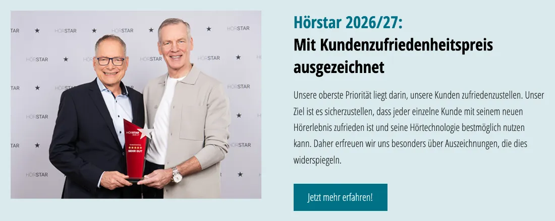 Ausschnitt der Website von HörTeam, Düsseldorf: Preis mit Jahreszahl 2026/27 und Name genannt — das macht Kundenzufriedenheit nachvollziehbar und liefert eine überprüfbare Quelle.
