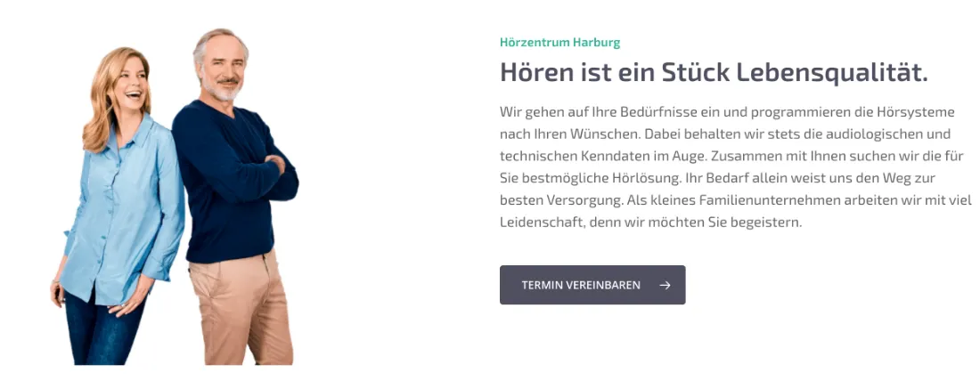 Ausschnitt der Website von Hörzentrum Harburg, Hamburg: Klare Überschrift mit Nutzen und ein kurzer Ablauftext — der Button 'Termin vereinbaren' zeigt den nächsten Schritt ohne Suchen.