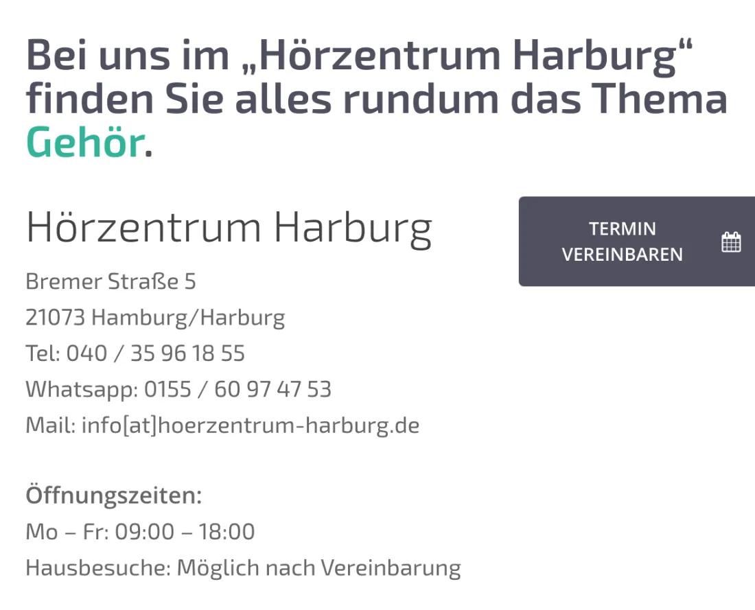 Ausschnitt der Website von Hörzentrum Harburg, Hamburg: Adresse, Telefon 040/35 96 18 55, WhatsApp und Zeiten Mo–Fr 09:00–18:00 — alle Kontaktwege auf einen Blick, ohne Blättern.