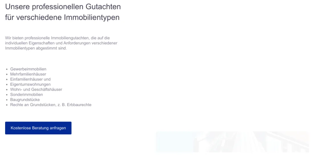 Ausschnitt der Website von Dipl. Ing. Frank Drews – Sachverständiger für Immobilienbewertung, Bochum: Sieben präzise Immobilientypen als Liste — wer sucht, erkennt in Sekunden die Passung des Auftrags und spart Rückfragen.