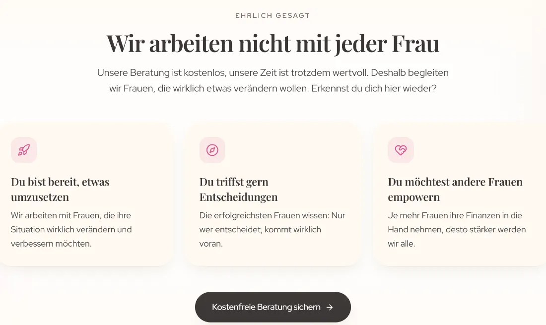Ausschnitt der Website von Investforwomen, Kiel: Drei Kriterien machen die Zielgruppe greifbar — so prüft der Besucher in Sekunden, ob das Angebot wirklich passt.