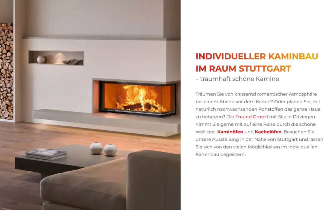 Ausschnitt der Website von Freund GmbH, Landkreis Ludwigsburg: Region und Leistung klar benannt, dazu zwei Links zu Kaminöfen/Kachelöfen — der Einstieg gelingt ohne Suchen.