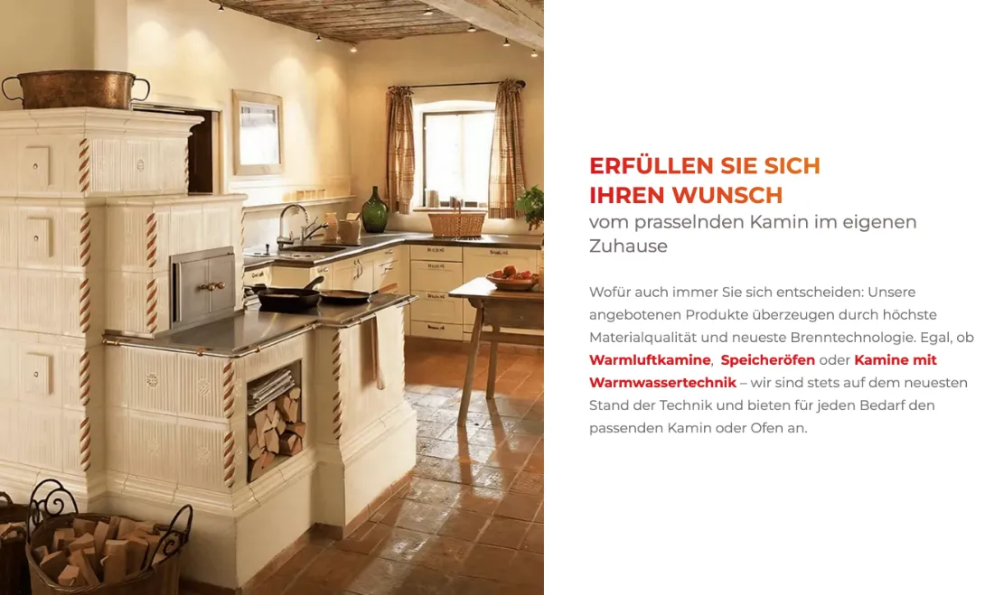 Ausschnitt der Website von Freund GmbH, Landkreis Ludwigsburg: Drei Technikrichtungen genannt — Warmluftkamine, Speicheröfen und Warmwasser — so ordnet der Besucher Bedürfnisse schnell ein.