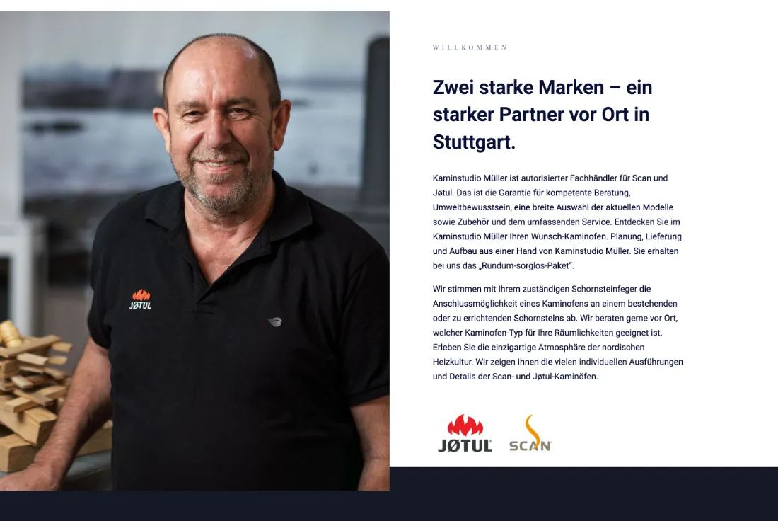 Ausschnitt der Website von Kaminstudio Müller, Stuttgart: Porträt links, Text zu Leistungen rechts—die Kombination schafft Transparenz; zwei Marken mit Logos erleichtern die Einordnung.