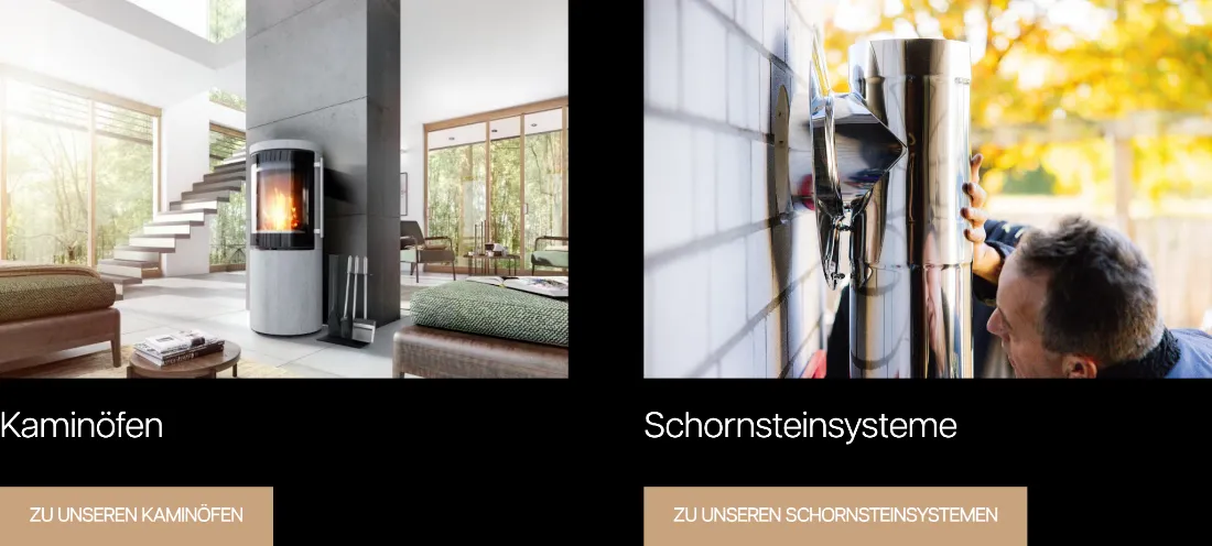 Ausschnitt der Website von Kaminzentrum Hannover, Hannover: Zwei Kacheln mit klaren Wegen — wer stöbert, wählt direkt zwischen Kaminöfen und Schornsteinsystemen und gelangt per Button zur Detailseite.