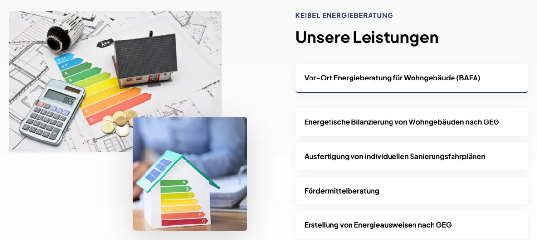 Ausschnitt der Website von Keibel Energieberatung, Hamburg: Fünf Leistungen klar gelistet, mit BAFA und GEG benannt — wer sucht, erkennt sofort Zuständigkeit und findet den richtigen Einstieg.