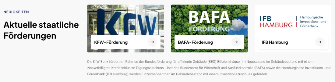 Ausschnitt der Website von Keibel Energieberatung, Hamburg: Drei Förderwege als separate Kacheln mit Pfeil — der Besucher muss nichts googeln, KfW, BAFA und IFB Hamburg sind direkt erreichbar.