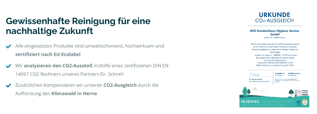 Ausschnitt der Website von KHS Gruppe, Bochum: Drei klare Punkte nennen EU‑Ecolabel, DIN EN 14067 und den Klimawald Herne — der Besucher sieht, wie Nachhaltigkeit belegt wird.