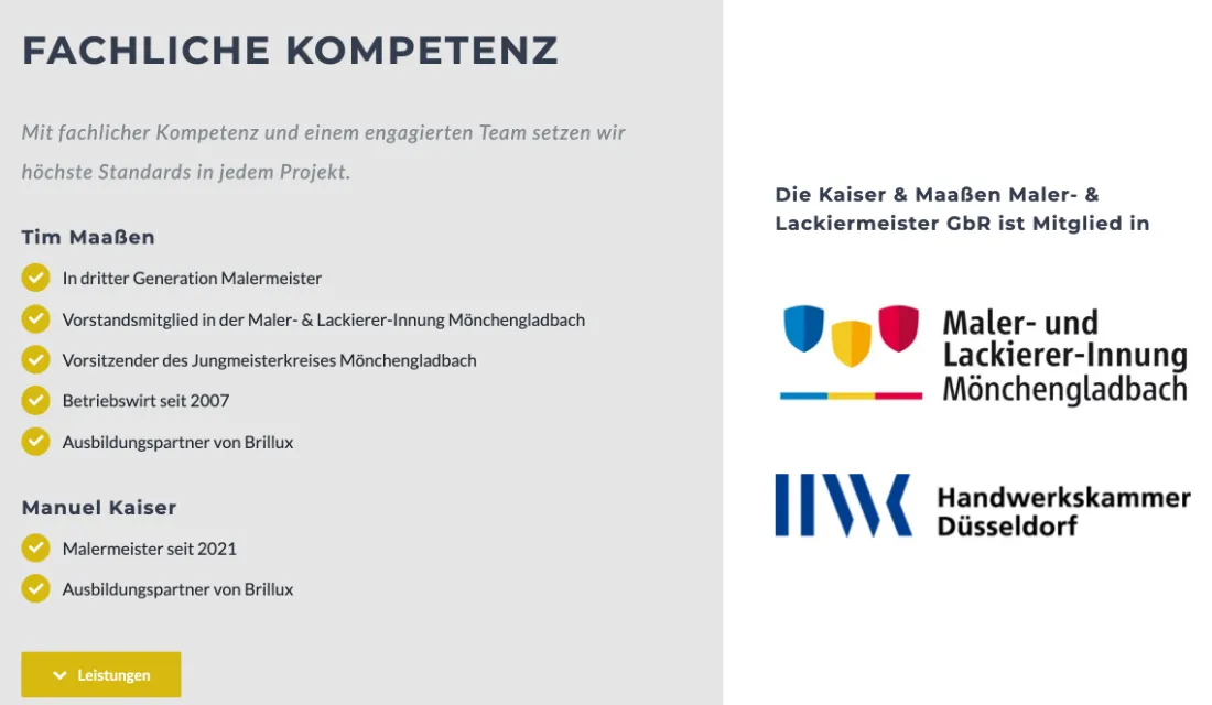 Ausschnitt der Website von Kaiser & Maaßen Maler- & Lackiermeister GbR, Mönchengladbach: Sieben konkrete Stationen und zwei Mitgliedschaften — wer prüft, findet belastbare Qualifikationen statt Floskeln.