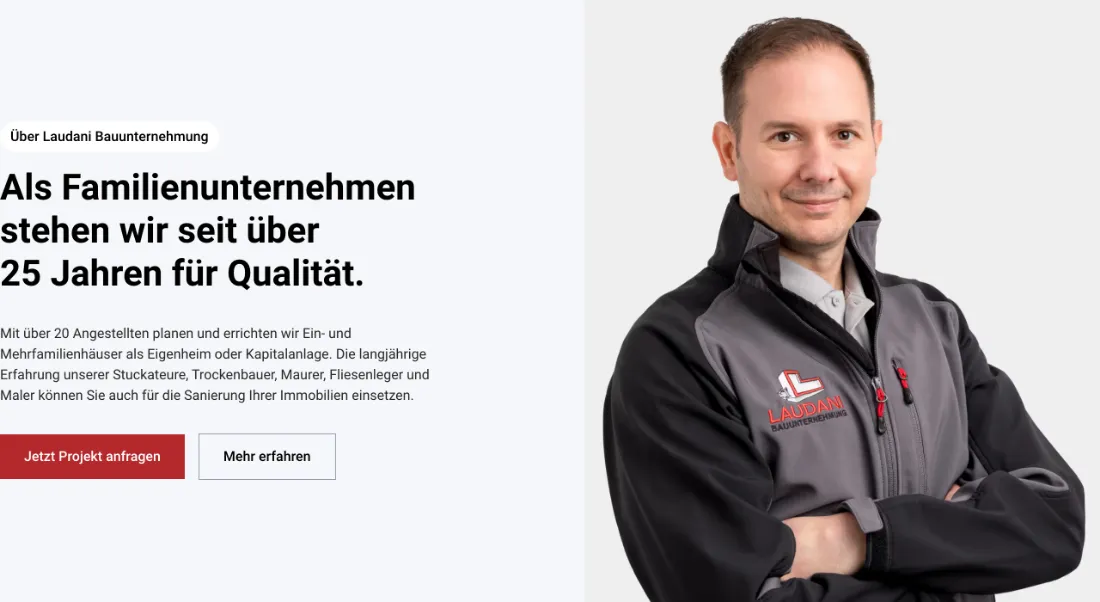 Ausschnitt der Website von Laudani Bauunternehmung, Köln: Klare Kernzahlen — 25 Jahre und über 20 Angestellte — geben sofort Einordnung, der Besucher muss Vertrauen nicht erraten.