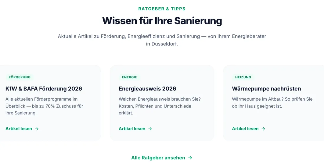 Ausschnitt der Website von Markus Lenz, Düsseldorf: Drei Kacheln zu Förderung, Ausweis und Wärmepumpe — wer sucht, findet mit 2026‑Bezug und bis zu 70% Zuschuss sofort Einstiege.