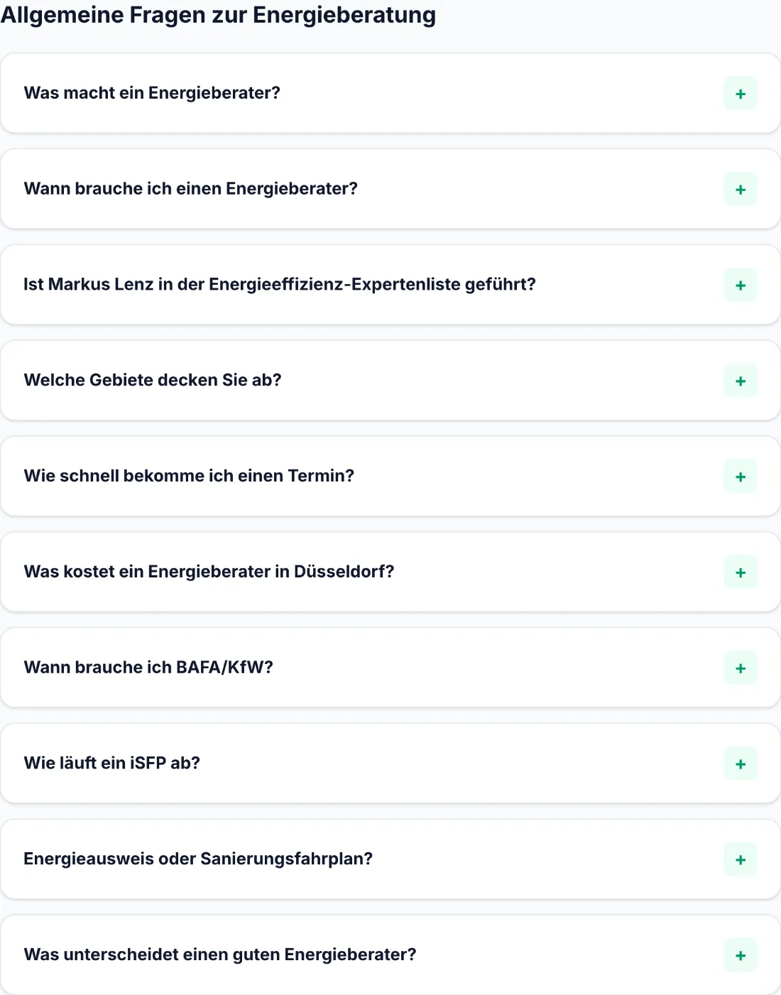 Ausschnitt der Website von Markus Lenz, Düsseldorf: Zehn Fragen im Akkordeon mit Plus‑Symbolen — der Besucher muss nichts erraten und klappt nur das auf, was gerade wichtig ist.