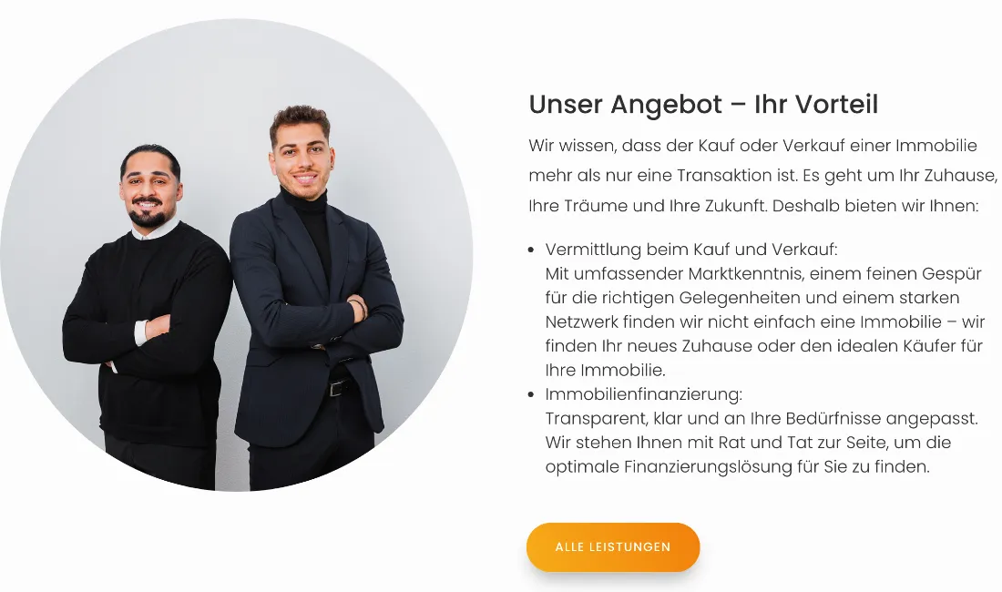 Ausschnitt der Website von IHK Bodensee-Hochrhein, Landkreis Konstanz: Zwei Bulletpoints ordnen Kauf/Verkauf und Finanzierung — der Besucher erfasst das Spektrum schnell und kann per Button vertiefen.