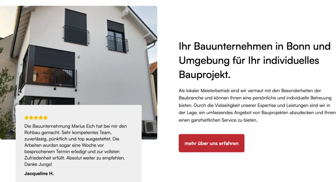 Ausschnitt der Website von Marius Eich, Bonn: Überschrift nennt den Standort Bonn — dazu eine 5‑Sterne‑Stimme mit „eine Woche früher“ liefert Belege statt Versprechen.