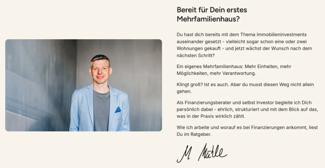 Ausschnitt der Website von Martin Mühle, Hamburg: Konkrete Frage zum ersten Mehrfamilienhaus — wer genau das sucht, erkennt sofort Relevanz und findet den Einstieg.