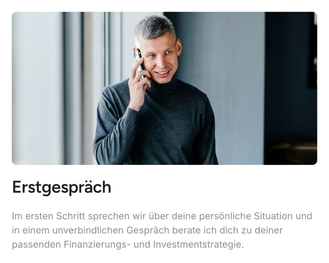 Ausschnitt der Website von Martin Mühle, Hamburg: Überschrift Erstgespräch und kurzer Ablauf — der Besucher weiß, was im ersten Schritt passiert und welchen Aufwand das ist.
