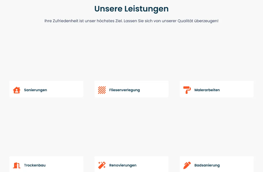 Ausschnitt der Website von Meister Bausanierung, Essen: Sechs Kacheln mit klaren Titeln und Icons — wer sucht, erkennt den gesamten Leistungsumfang ohne Scrollen.