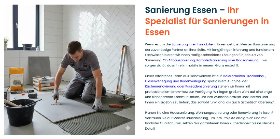 Ausschnitt der Website von Meister Bausanierung, Essen: Zehn interne Links im Einleitungstext — der Besucher muss nichts erraten und springt direkt zu passenden Detailseiten.