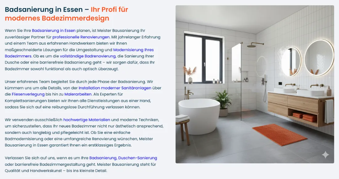 Ausschnitt der Website von Meister Bausanierung, Essen: Zweispaltiges Layout mit Beispielbild rechts und Ablauftext links — Ergebnis und Schritte werden auf einen Blick greifbar.