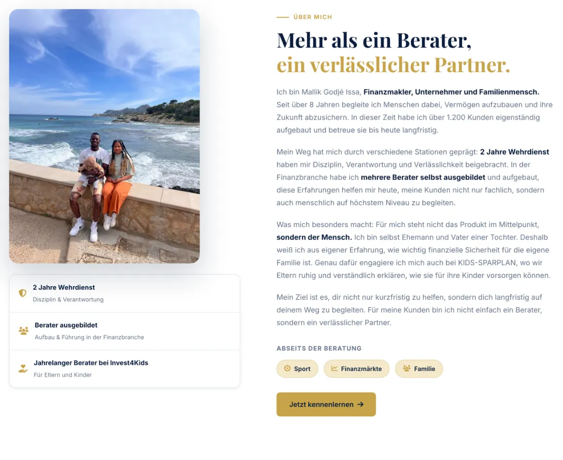 Ausschnitt der Website von Mallik Godjé Issa: Konkrete Stationen mit Zahlen — 8 Jahre Erfahrung, 1.200 Kunden, 2 Jahre Wehrdienst — geben Halt und machen Kompetenz prüfbar.