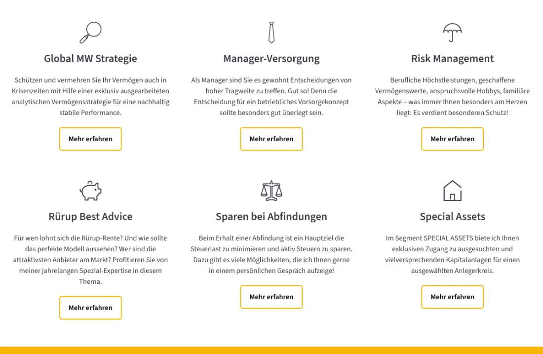 Ausschnitt der Website von Michael Werlich, Hamburg: Sechs klar benannte Leistungen mit Icons und klarem Weiterweg — der Besucher erfasst das Angebot und vertieft nur Relevantes.