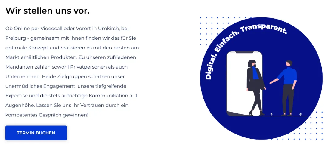 Ausschnitt der Website von MJB Finanz, Landkreis Breisgau-Hochschwarzwald: Fester Call-to-Action unter dem Intro — mit einem Klick zum Termin, erspart Suchen und senkt Hürde zum Erstkontakt.