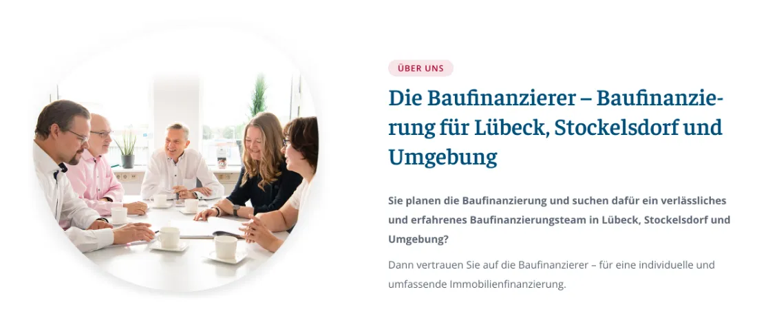 Ausschnitt der Website von Der Baufinanzierer – Matthias Koglin, Lübeck: Überschrift nennt das Einsatzgebiet mit Lübeck, Stockelsdorf und Umgebung — wer sucht, erkennt sofort regionale Passung.