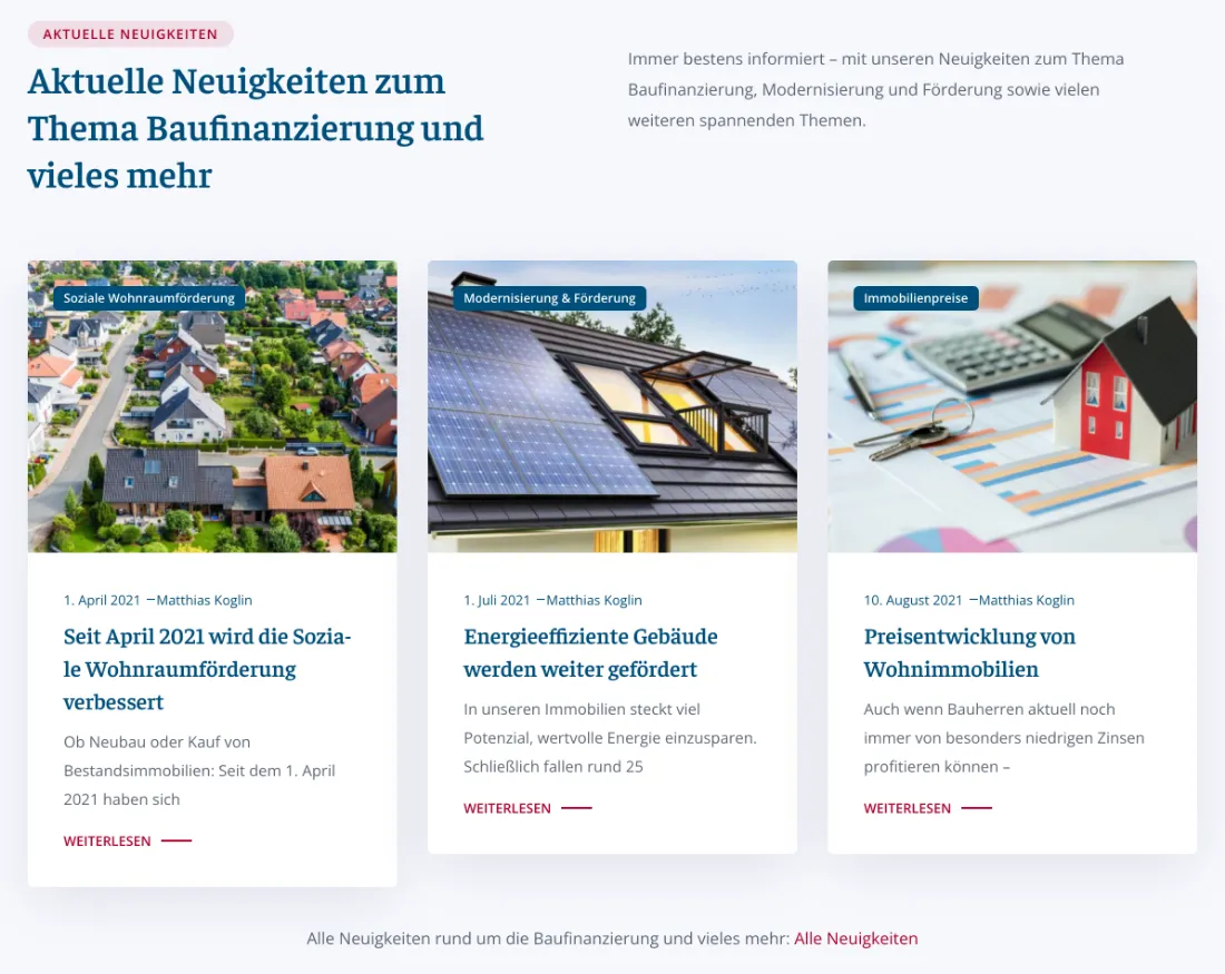 Ausschnitt der Website von Der Baufinanzierer – Matthias Koglin, Lübeck: Drei Beiträge mit klaren Datumsangaben und Teasern — der Besucher prüft Aktualität und kann per Weiterlesen tiefer einsteigen.