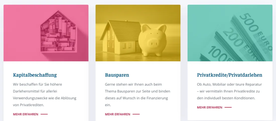 Ausschnitt der Website von Der Baufinanzierer – Matthias Koglin, Lübeck: Drei Kacheln bündeln Leistungen nach Bedarf — Kapitalbeschaffung, Bausparen, Privatkredite; so findet der Besucher schnell den Einstieg.