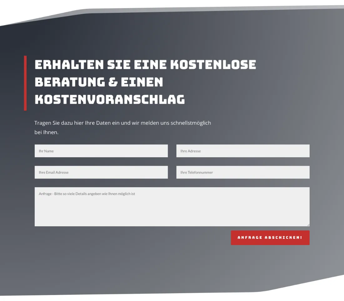 Ausschnitt der Website von Di Biccari Stuckateur – Trockenbau GmbH, Landkreis Ludwigsburg: Deutliches Versprechen und Formular mit 5 Feldern — wer ein Angebot will, findet in Sekunden den Einstieg zur kostenlosen Beratung.