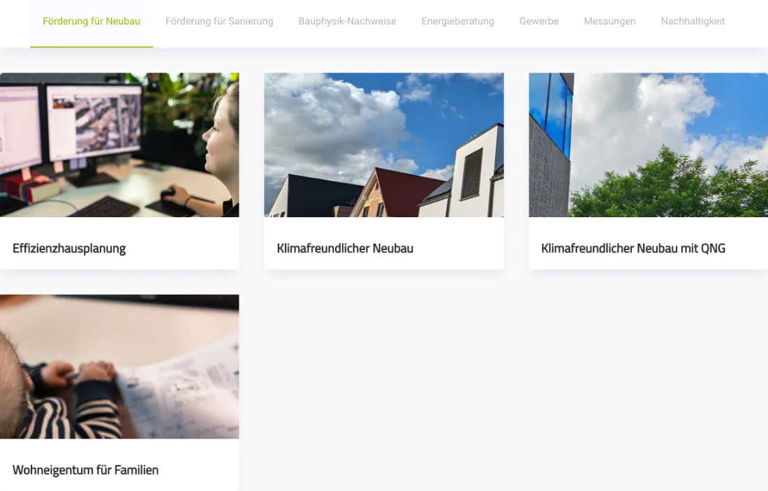 Ausschnitt der Website von on. ingenieurbüro, Bielefeld: Vier Kacheln mit klaren Förder-Themen und Titeln — wer sucht, erkennt den passenden Einstieg ohne Klicks und spart Zeit.