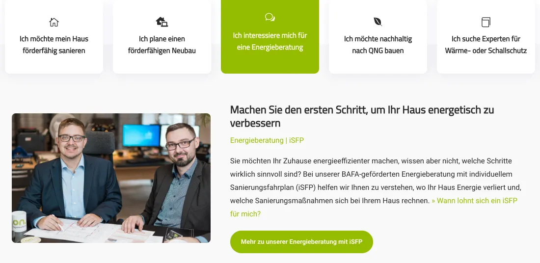 Ausschnitt der Website von on. ingenieurbüro, Bielefeld: Fünf Auswahlfelder bündeln typische Anliegen; die grüne Markierung zeigt den aktiven Pfad — der Besucher landet zielsicher beim Angebot.