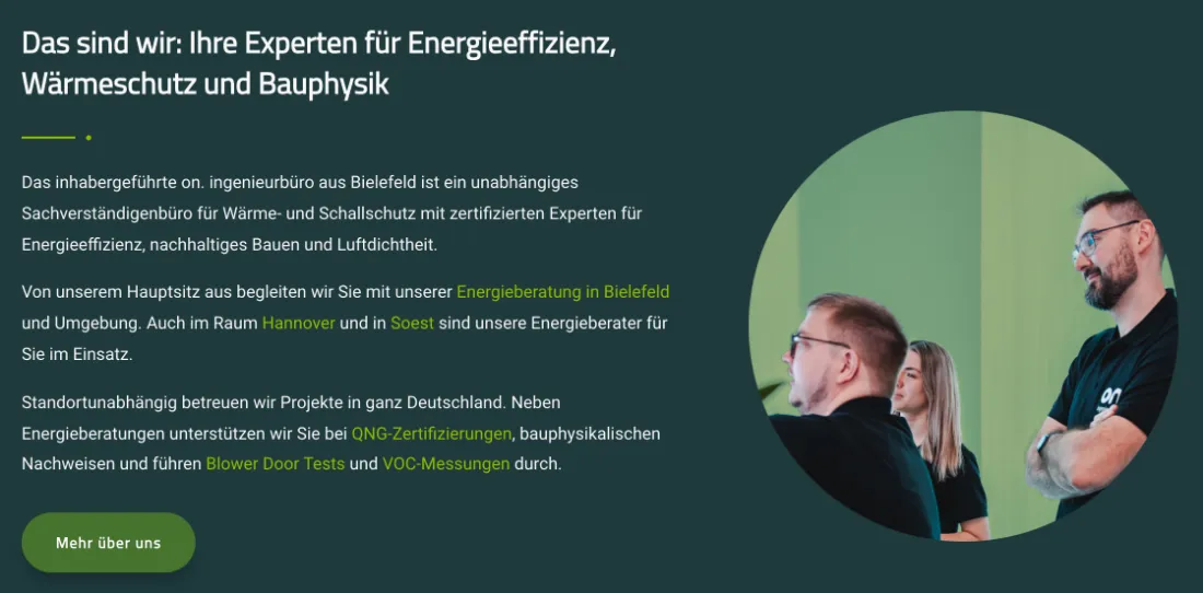 Ausschnitt der Website von on. ingenieurbüro, Bielefeld: Drei Standorte werden namentlich genannt und Leistungen verlinkt — der Besucher prüft Zuständigkeit und Themen, ohne zu suchen.
