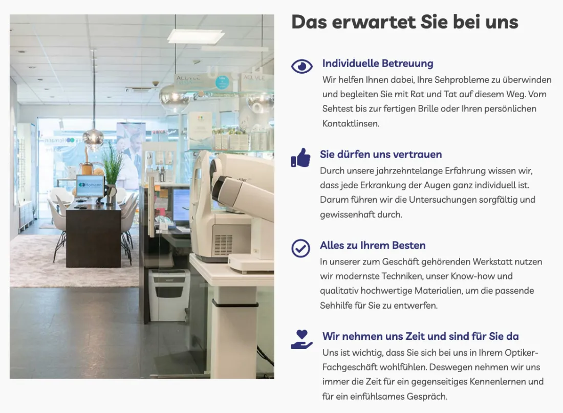 Ausschnitt der Website von Optik Homann, Mönchengladbach: Vier klare Punkte mit Icons erklären Ablauf und Haltung — der Besucher weiß sofort, was ihn erwartet und warum.