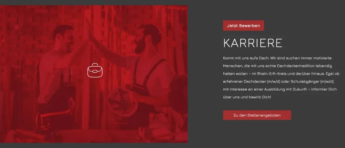 Ausschnitt der Website von Over & Söhne, Rhein-Erft-Kreis: Klare Karrierefläche mit Signal ‚Jetzt Bewerben‘ und Button zu Stellen — wer sucht, findet den Einstieg ohne Umwege.