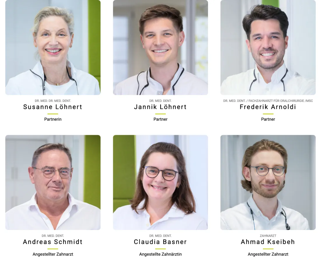Ausschnitt der Website von OWLZ Zahnärzte Löhnert & Arnoldi, Bielefeld: Sechs Portraits mit Titeln und Funktionen darunter — wer vergleicht, erkennt Zuständigkeiten auf einen Blick ohne Klickwege.