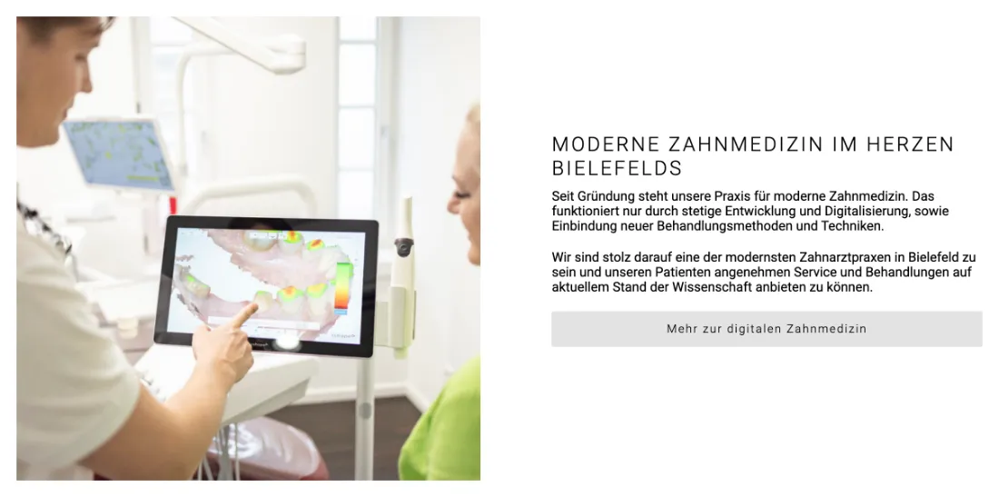 Ausschnitt der Website von OWLZ Zahnärzte Löhnert & Arnoldi, Bielefeld: Ein großes Anwendungsbild, kurzer Text und ein Button — erklärt das Verfahren visuell und bietet sofort den Weg zu weiteren Details.