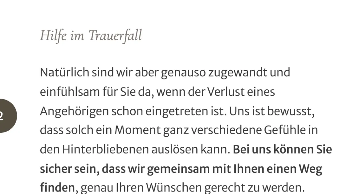 Ausschnitt der Website von Paulus Bestattungen GmbH, Halle (Saale): Überschrift und ein fett markierter Kernsatz strukturieren den Text — wer sucht, erkennt Haltung und Versprechen auf einen Blick.