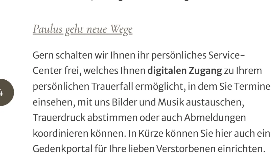 Ausschnitt der Website von Paulus Bestattungen GmbH, Halle (Saale): Die Aufzählung konkreter Online-Funktionen (Termine, Bilder, Musik, Druck, Abmeldungen) macht den Nutzen greifbar und spart Wege.