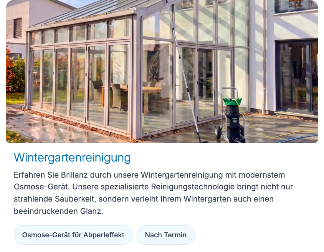 Ausschnitt der Website von Wilhelm Pfeng Gebäudereinigung GmbH, Mülheim an der Ruhr: Fachbegriff mit Nutzen erklärt: „Osmose-Gerät für Abperleffekt“ — wer sucht, versteht gleich das Wie und den Vorteil.