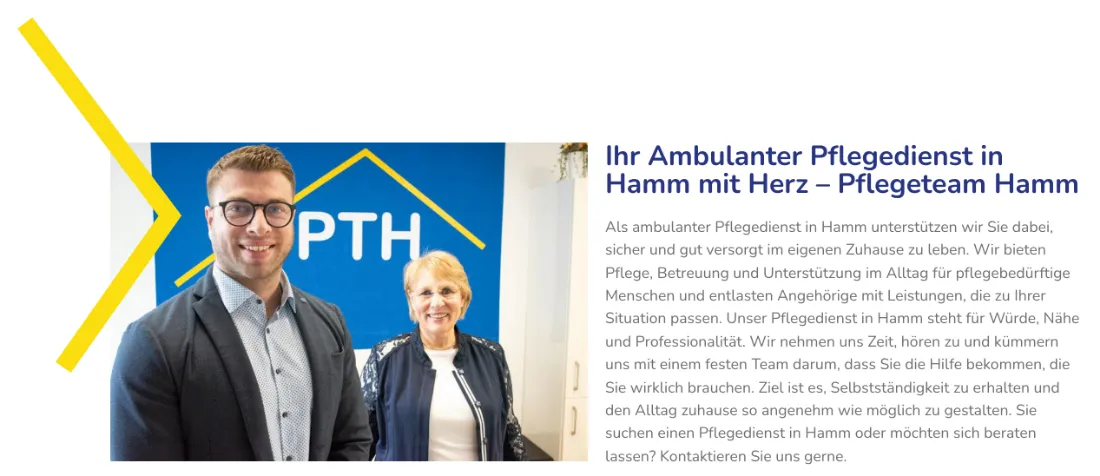 Ausschnitt der Website von Pflegeteam Hamm, Hamm: Überschrift nennt Leistung und Ort — wer in Hamm nach ambulanter Pflege sucht, erkennt sofort, ob das Angebot passt.