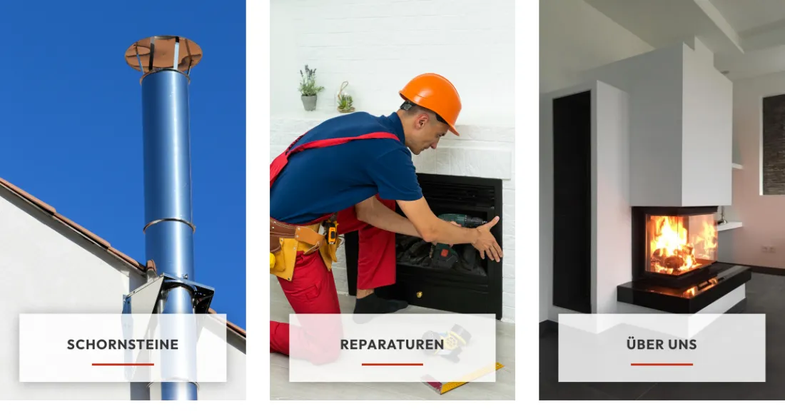 Ausschnitt der Website von Phoenix Kamine, Landkreis Rotenburg (Wümme): Weitere drei Kacheln ergänzen Schornsteine, Reparaturen und Über uns — der Besucher erkennt das vollständige Angebot auf einen Blick.