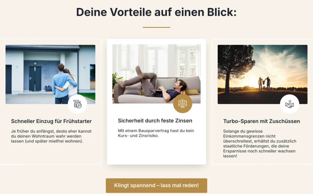 Ausschnitt der Website von Pottfinanz, Oberhausen: Drei Kacheln bündeln Vorteile mit je einem Satz und Icon — wer prüft, erfasst in Sekunden Nutzen, Risiko und Förderchancen.
