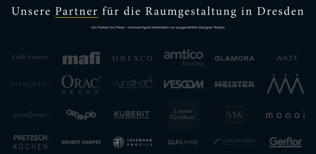 Ausschnitt der Website von Raumkunst Arndt, Dresden: Logo-Wand zeigt die Markenvielfalt auf einen Blick — der Besucher muss keine Textliste durchsuchen, um Partner zu prüfen.