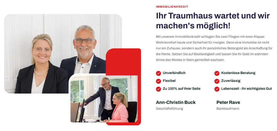 Ausschnitt der Website von RAVE Finanzierungsvermittlung, Kreis Ostholstein: Sechs Häkchen bündeln Leistungszusagen — wer vergleicht, erfasst Vorteile und findet mit zwei Namen sofort Zuständigkeit.