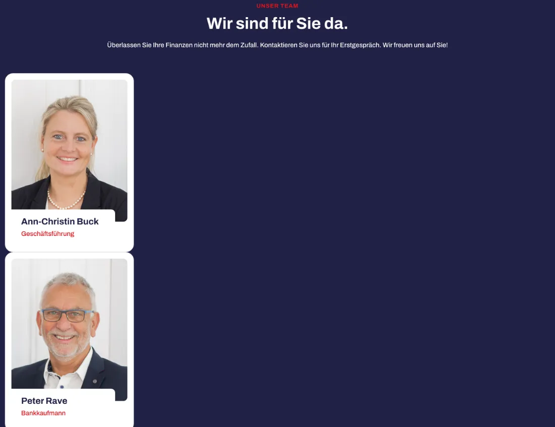 Ausschnitt der Website von RAVE Finanzierungsvermittlung, Kreis Ostholstein: Teamsektion mit zwei Profilkarten — wer sucht, sieht sofort Ansprechpartner und Funktionen, ohne Umwege oder Klicks.