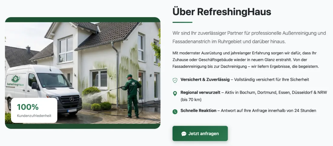 Ausschnitt der Website von RefreshingHaus: 100% Zufriedenheit und Antwort binnen 24 Stunden stehen vorn — der Besucher erkennt Verlässlichkeit und plant den nächsten Schritt.