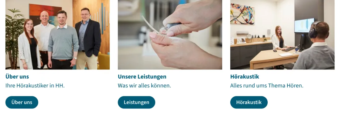 Ausschnitt der Website von Simanowsky & Kunath, Hamburg: Drei Kacheln mit klaren Titeln und Buttons — der Besucher muss nichts erraten und landet mit einem Klick im passenden Bereich.
