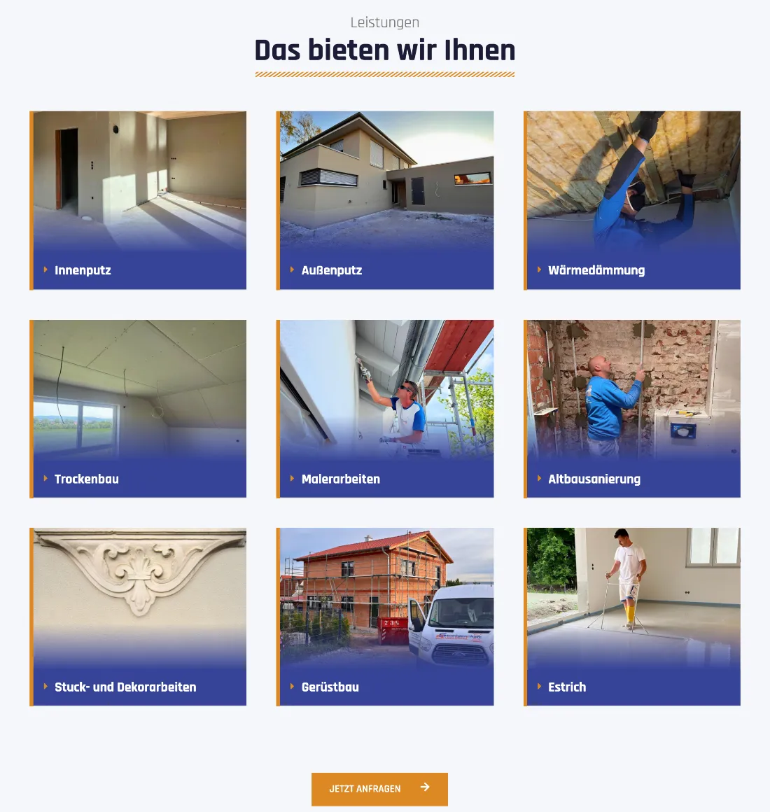 Ausschnitt der Website von Stuckgeschäft Schubert, Landkreis Erlangen-Höchstadt: Neun Leistungen als Kacheln mit klaren Titeln — wer sucht, erkennt das komplette Angebot und kann unten per „Jetzt anfragen“ starten.